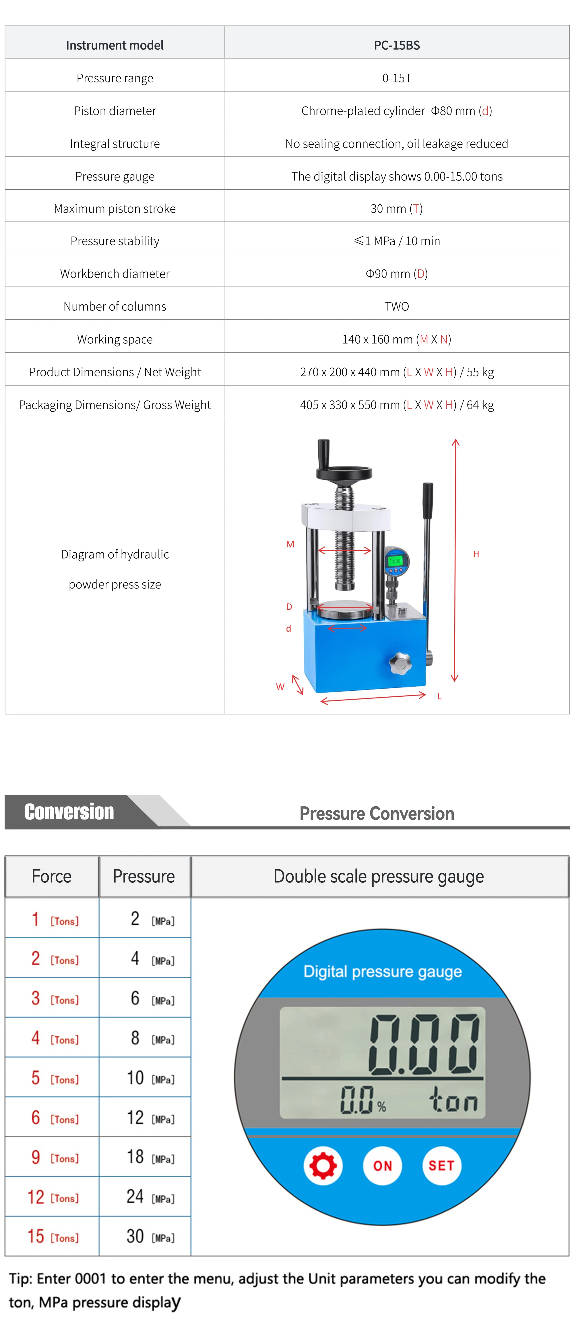 PC-15BS - manufacturer specification sheet