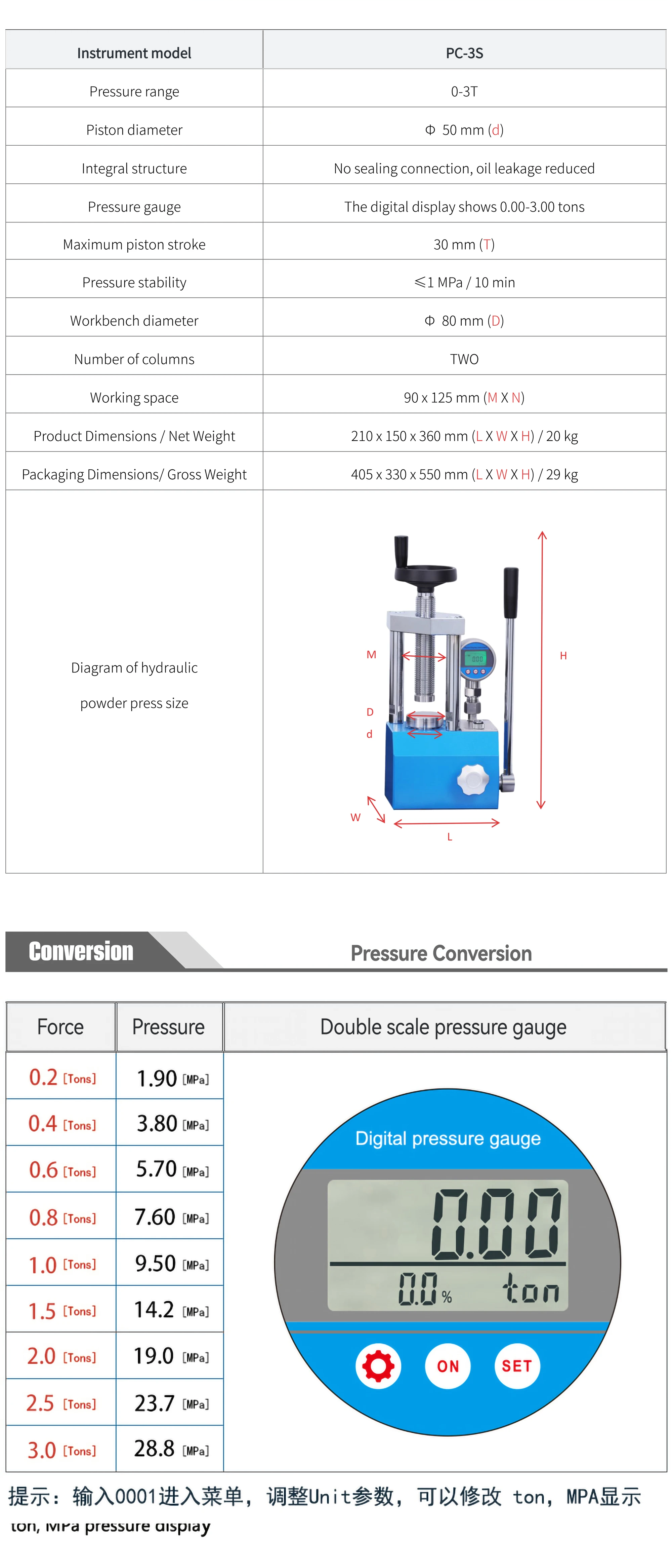 PC-3S - manufacturer specification sheet