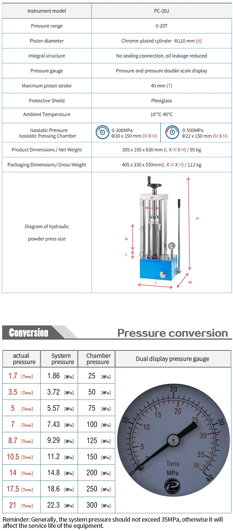 PC-20J - manufacturer specification sheet
