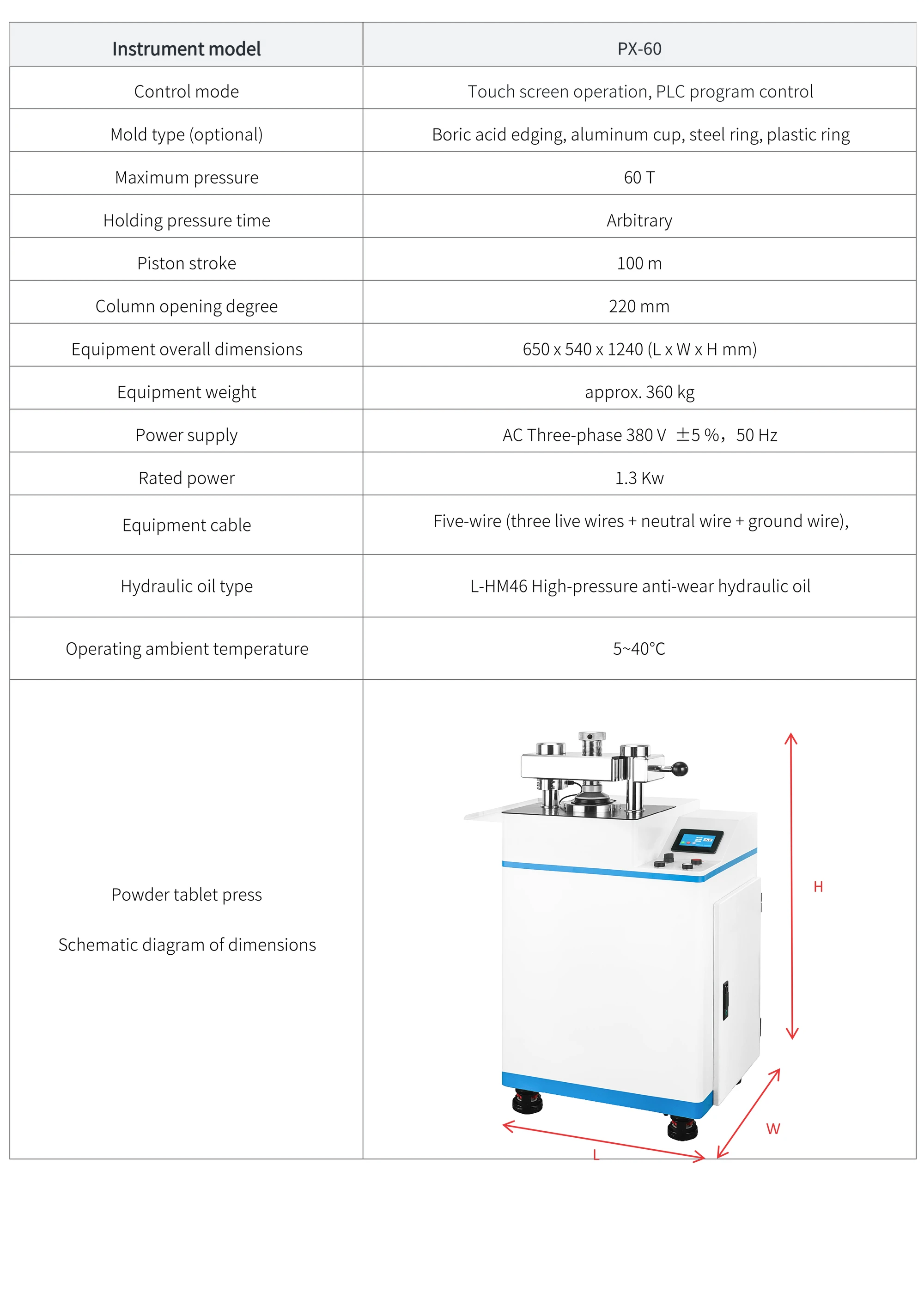 PX-60 - manufacturer specification sheet