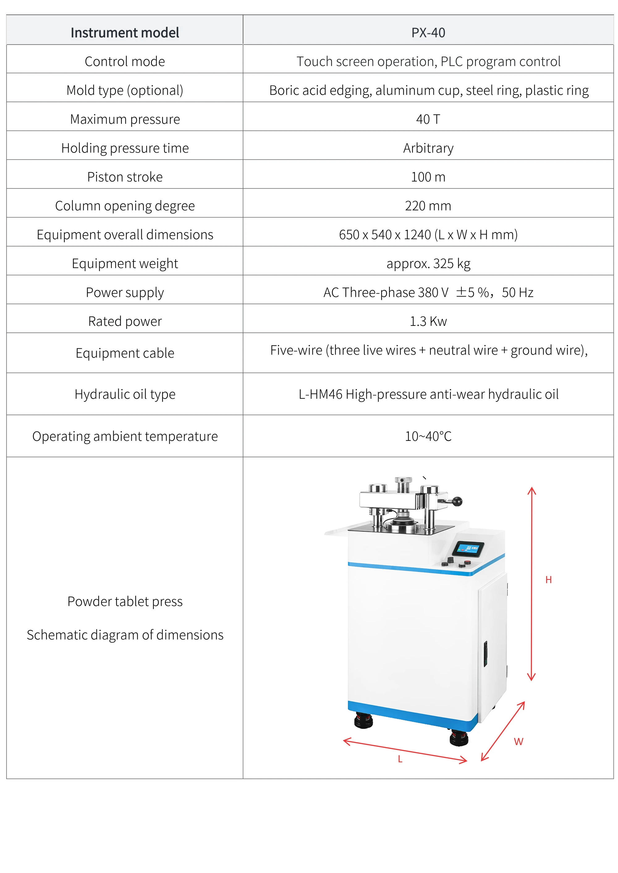 PX-40 - manufacturer specification sheet