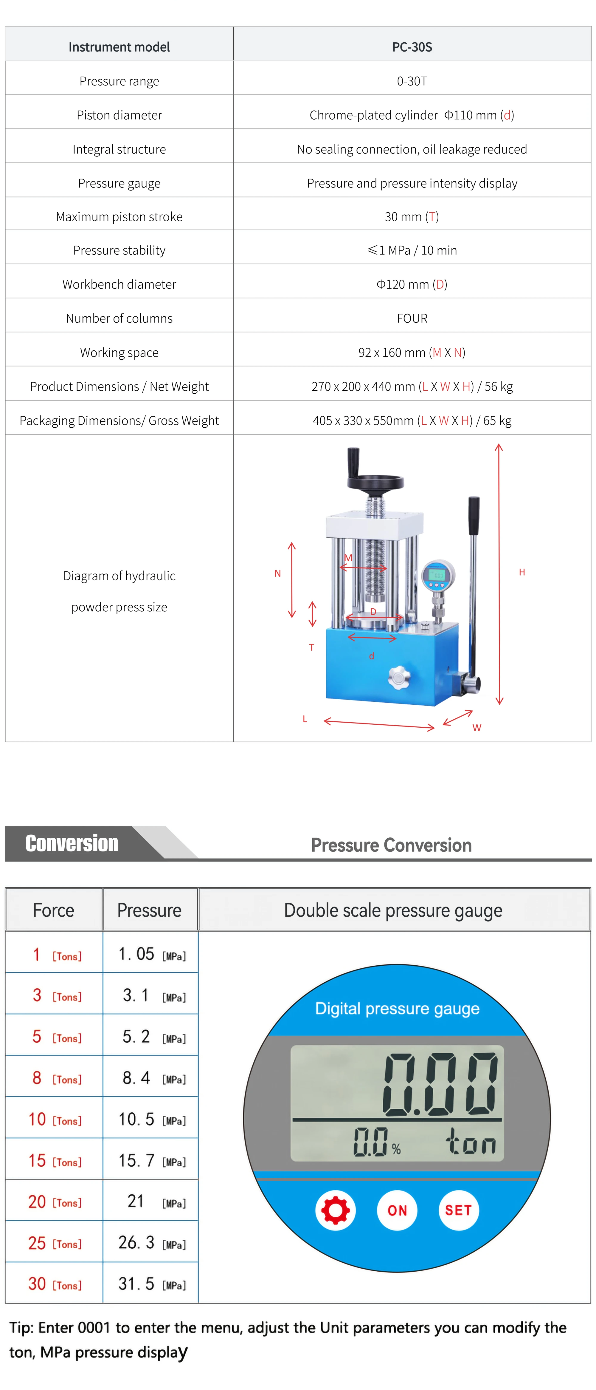 PC-30S - manufacturer specification sheet